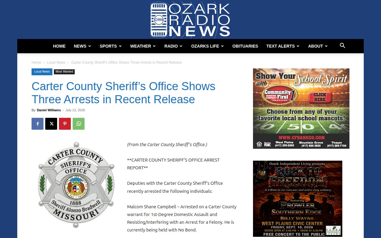 Carter County Missouri arrest release news format from Ozark Radio News