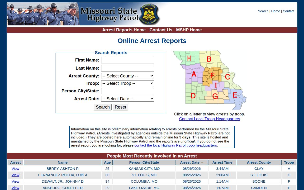 Carter County Missouri official Highway Patrol arrest record search